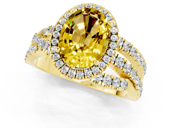 Yellow gold Oval Cut Yellow Sapphire Halo Ring with Round Split Shank and Prong Setting