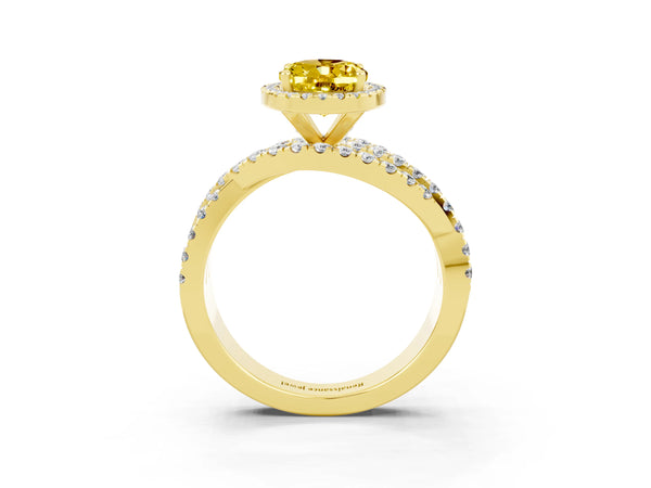 Yellow gold Oval Cut Yellow Sapphire Halo Ring with Round Split Shank and Prong Setting