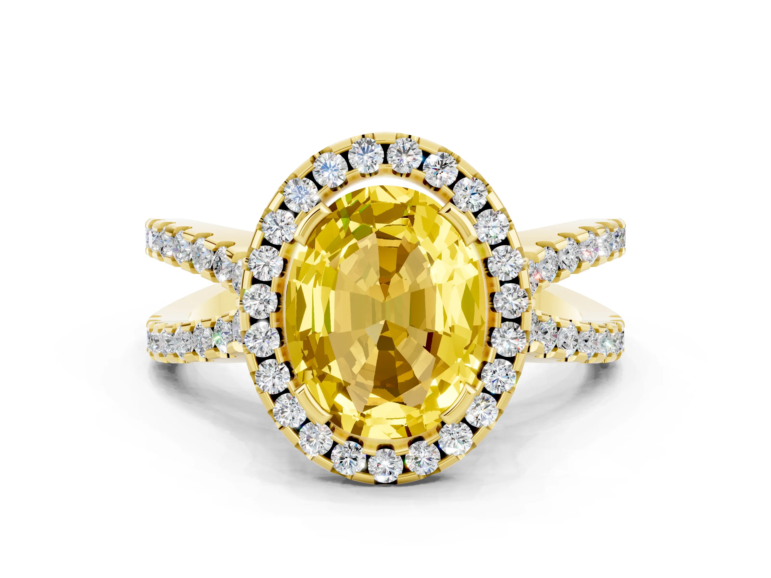 Yellow gold Oval Cut Yellow Sapphire Halo Ring with Split Shank Pavé Band and Prong Setting_12