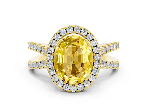 Yellow gold Oval Cut Yellow Sapphire Halo Ring with Split Shank Pavé Band and Prong Setting_12