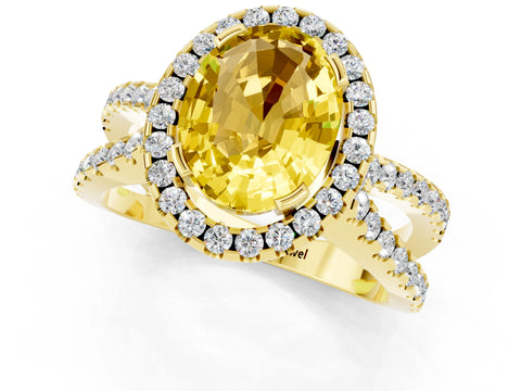 Yellow gold Oval Cut Yellow Sapphire Halo Ring with Split Shank Pavé Band and Prong Setting_13