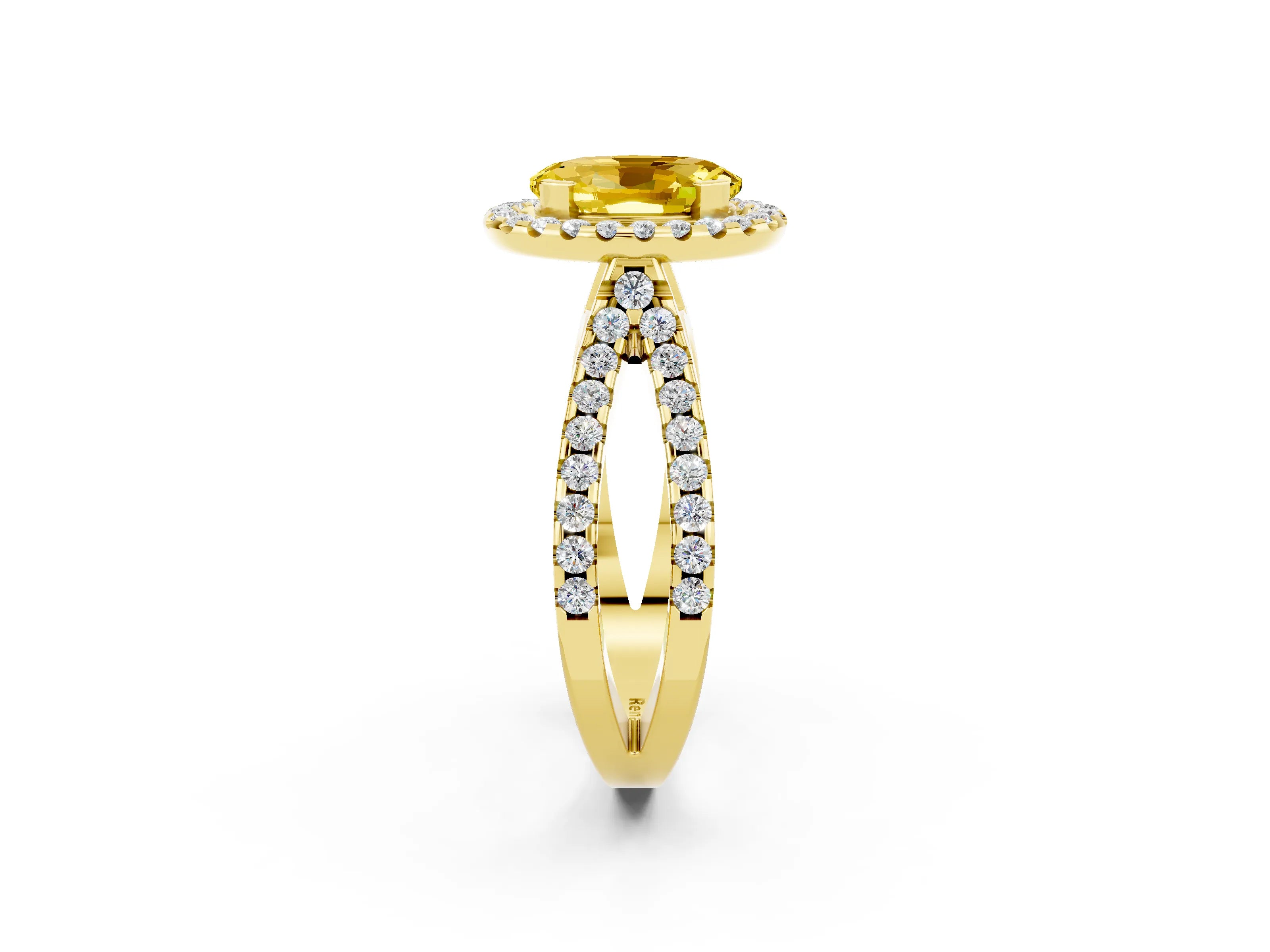 Yellow gold Oval Cut Yellow Sapphire Halo Ring with Split Shank Pavé Band and Prong Setting_14