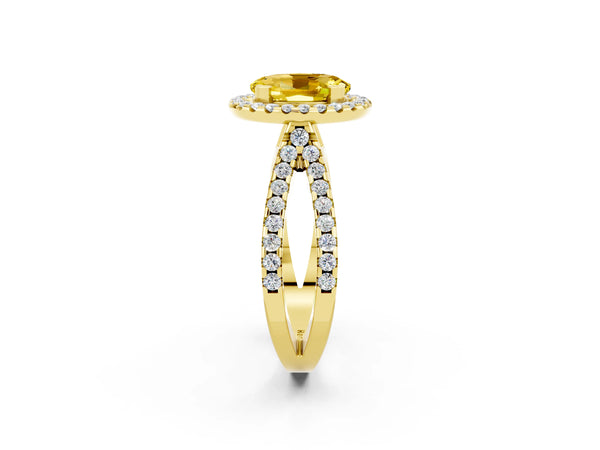 Yellow gold Oval Cut Yellow Sapphire Halo Ring with Split Shank Pavé Band and Prong Setting