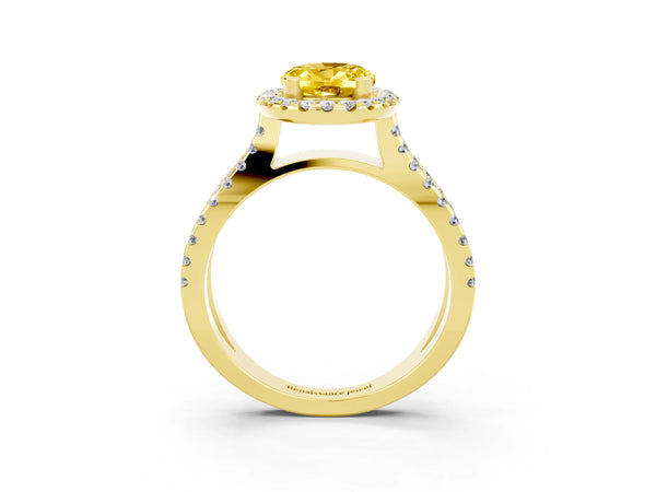 Yellow gold Oval Cut Yellow Sapphire Halo Ring with Split Shank Pavé Band and Prong Setting