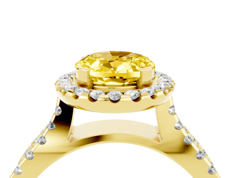 Yellow gold Oval Cut Yellow Sapphire Halo Ring with Split Shank Pavé Band and Prong Setting_16