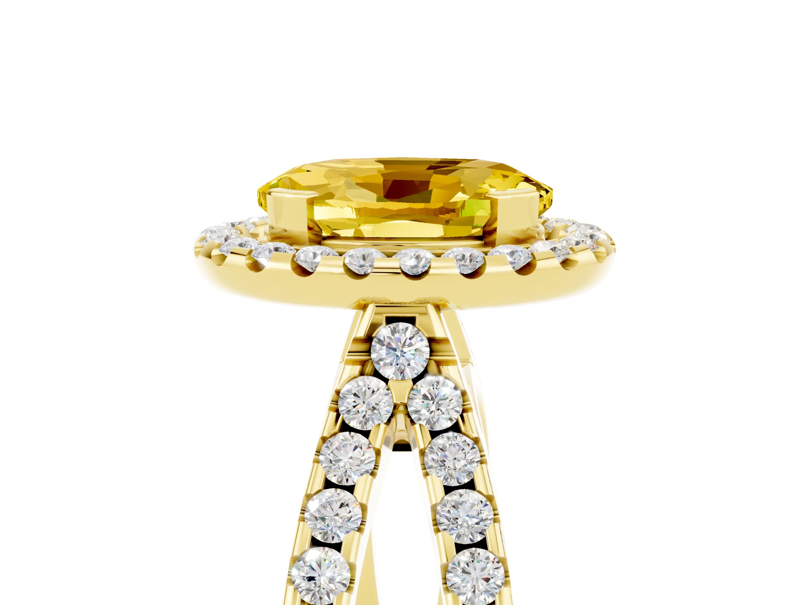 Yellow gold Oval Cut Yellow Sapphire Halo Ring with Split Shank Pavé Band and Prong Setting_17