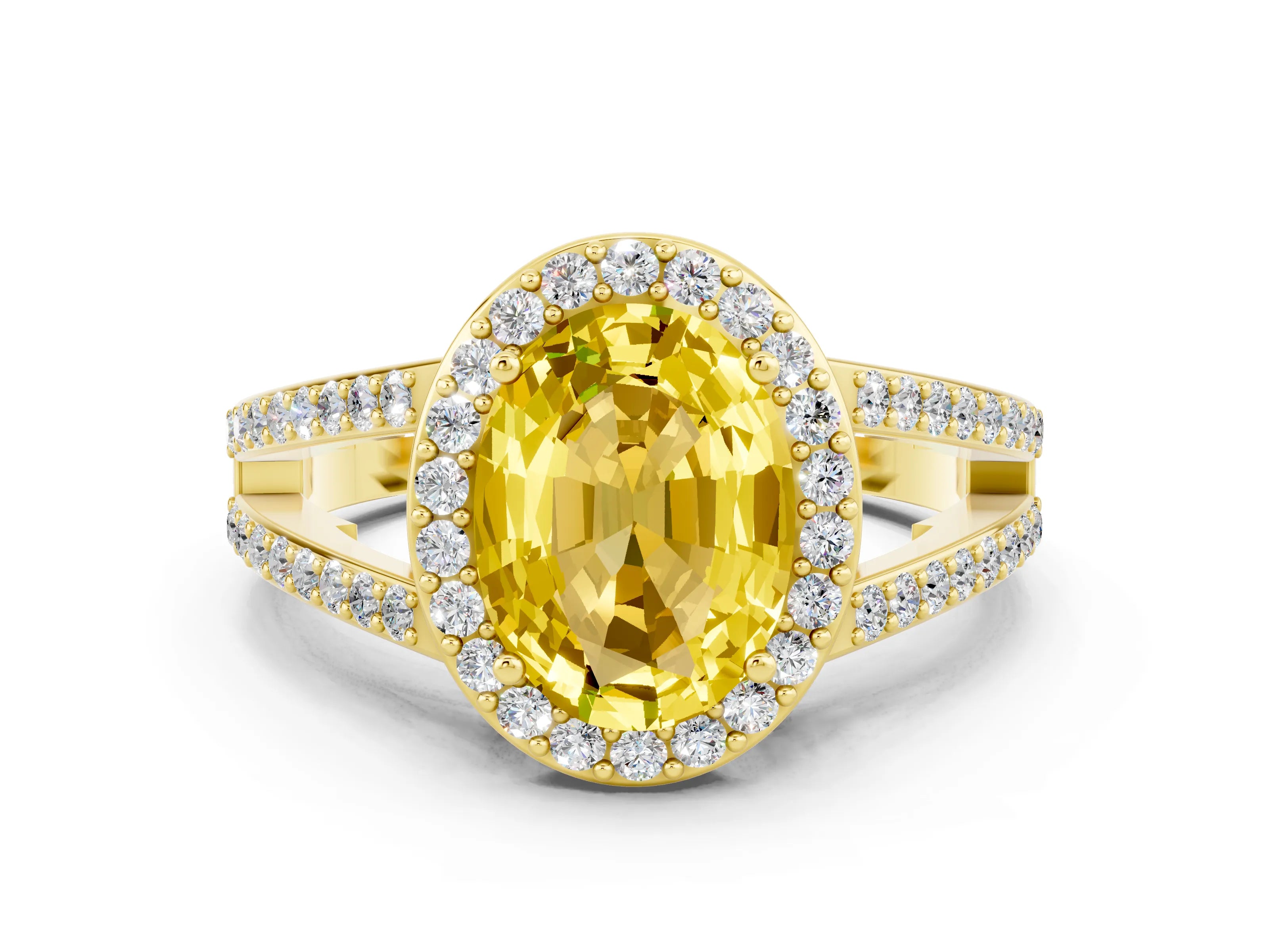 Yellow gold Oval Cut Yellow Sapphire Halo Ring with Split Shank U-Prong Band and Four-Prong Setting