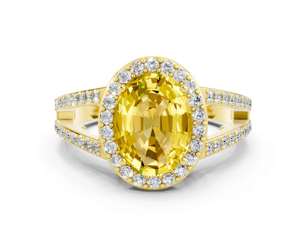 Yellow gold Oval Cut Yellow Sapphire Halo Ring with Split Shank U-Prong Band and Four-Prong Setting
