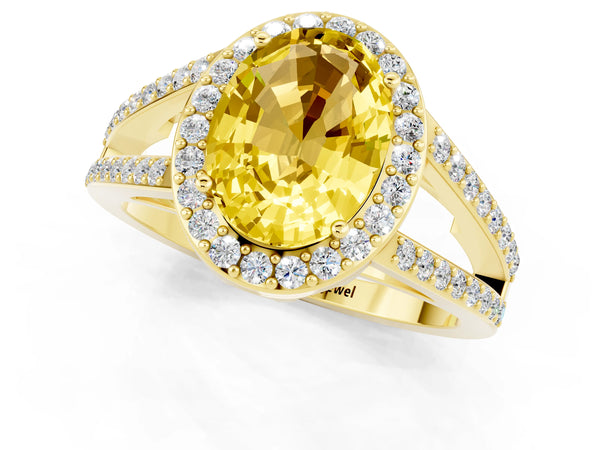 Yellow gold Oval Cut Yellow Sapphire Halo Ring with Split Shank U-Prong Band and Four-Prong Setting