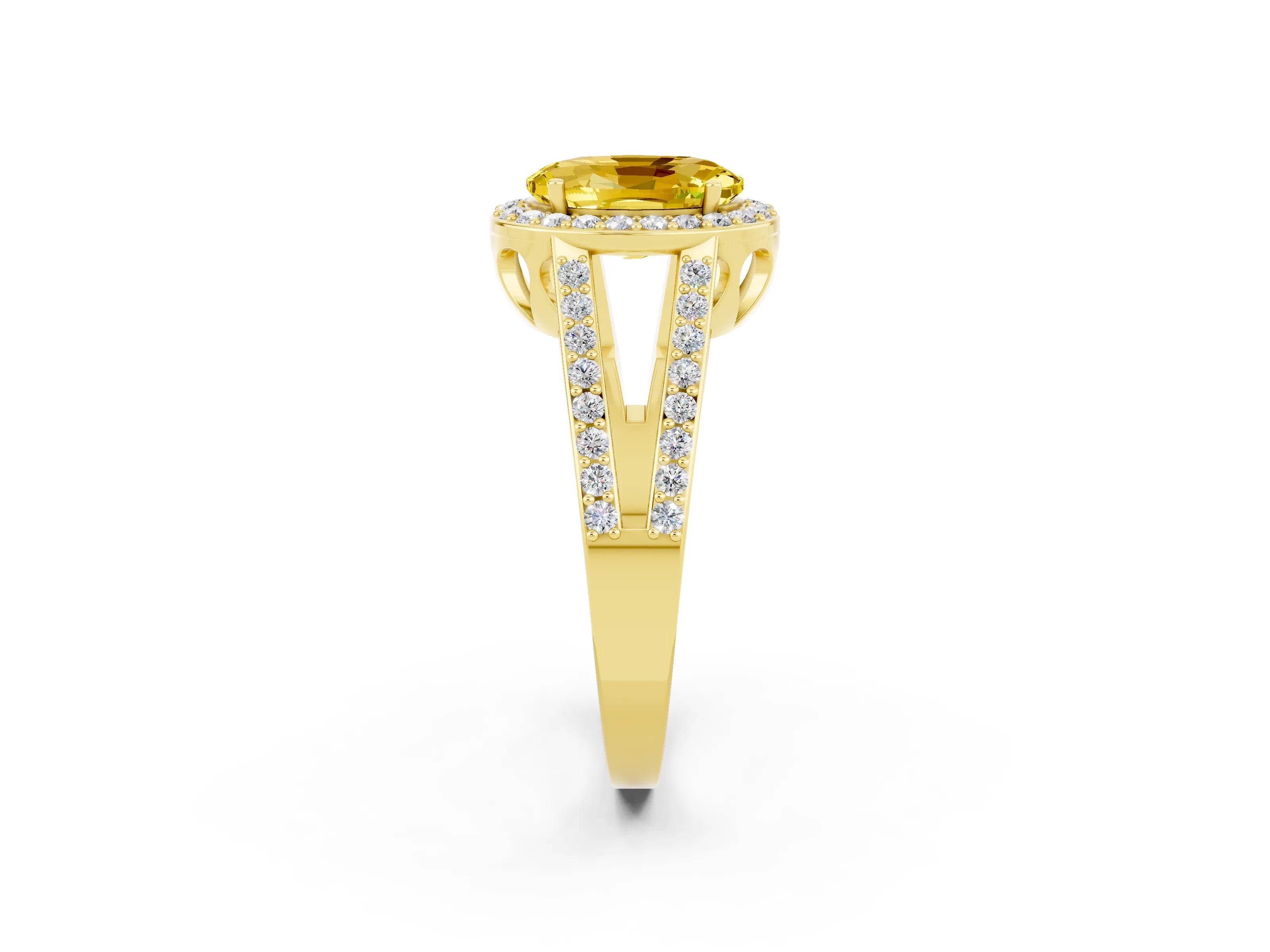 Yellow gold Oval Cut Yellow Sapphire Halo Ring with Split Shank U-Prong Band and Four-Prong Setting_2