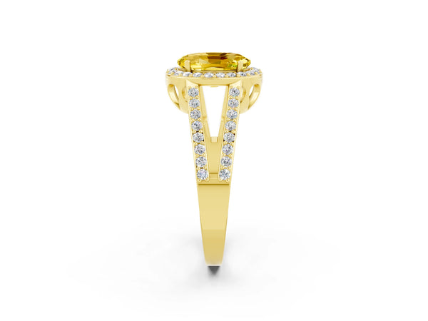 Yellow gold Oval Cut Yellow Sapphire Halo Ring with Split Shank U-Prong Band and Four-Prong Setting
