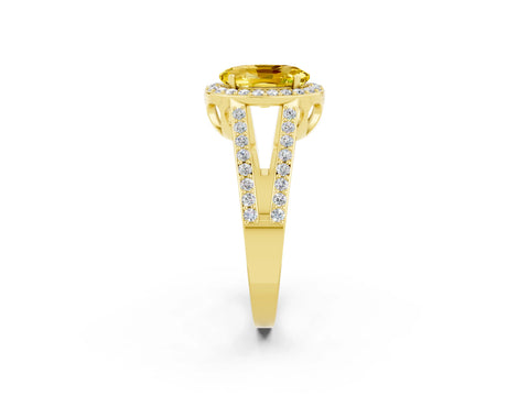 Yellow gold Oval Cut Yellow Sapphire Halo Ring with Split Shank U-Prong Band and Four-Prong Setting_2