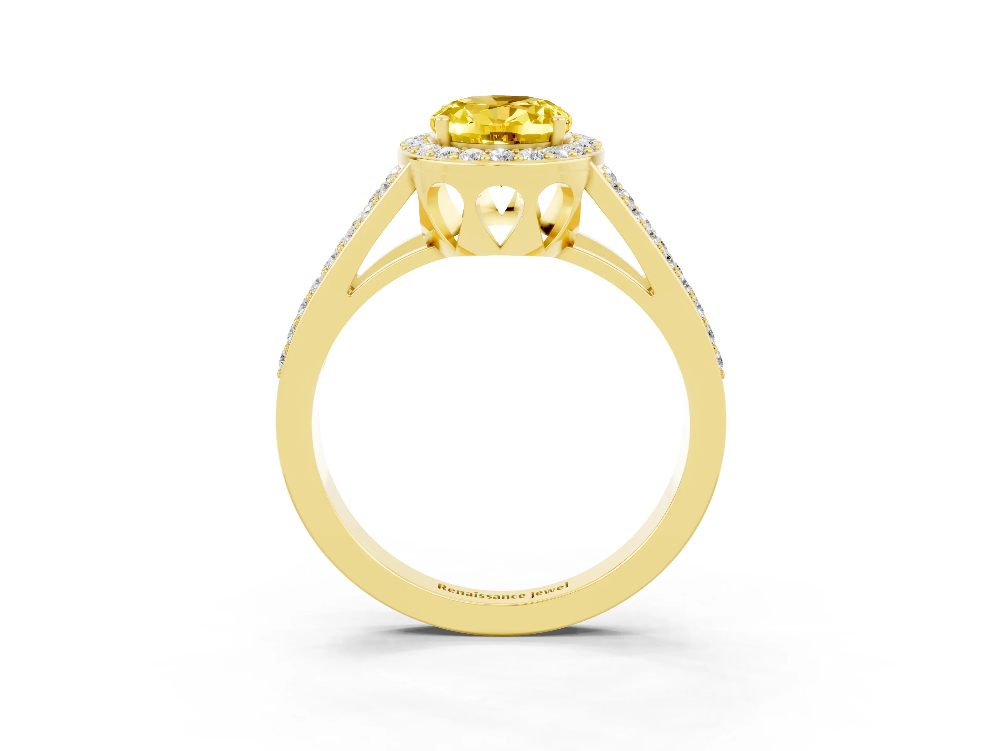 Yellow gold Oval Cut Yellow Sapphire Halo Ring with Split Shank U-Prong Band and Four-Prong Setting_3