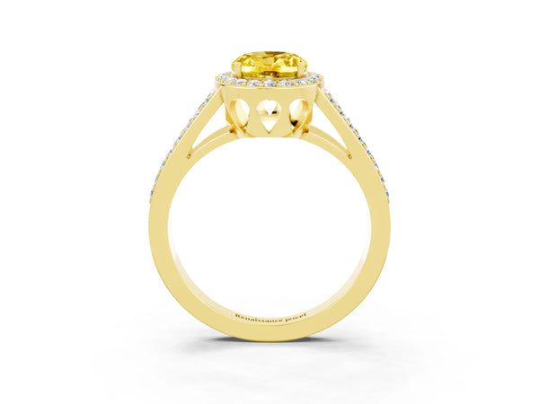 Yellow gold Oval Cut Yellow Sapphire Halo Ring with Split Shank U-Prong Band and Four-Prong Setting