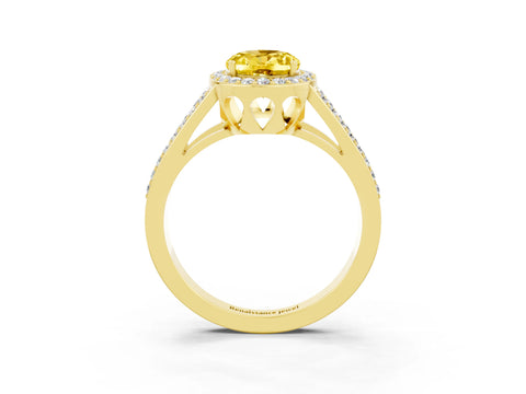 Yellow gold Oval Cut Yellow Sapphire Halo Ring with Split Shank U-Prong Band and Four-Prong Setting_3