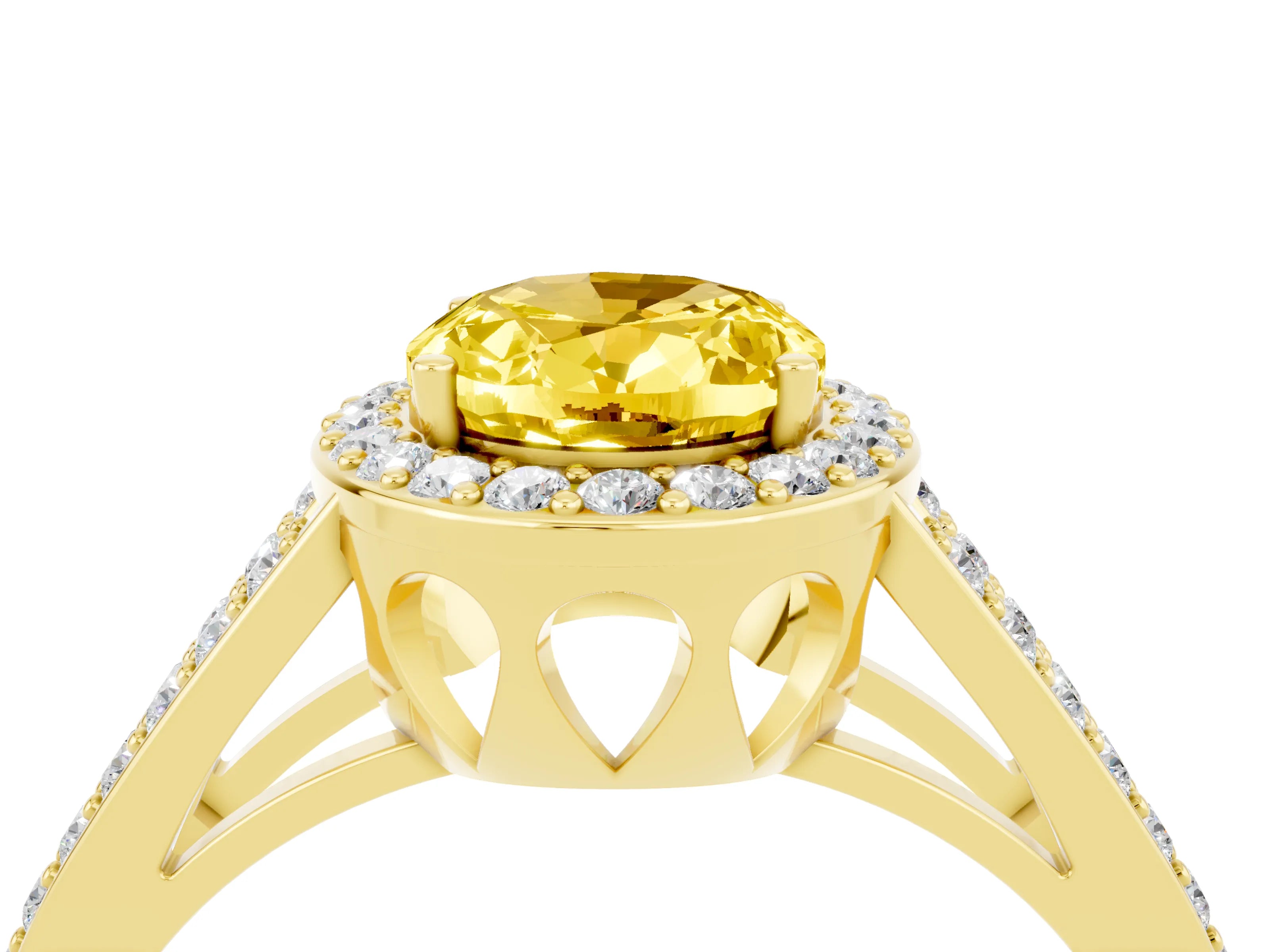 Yellow gold Oval Cut Yellow Sapphire Halo Ring with Split Shank U-Prong Band and Four-Prong Setting_4