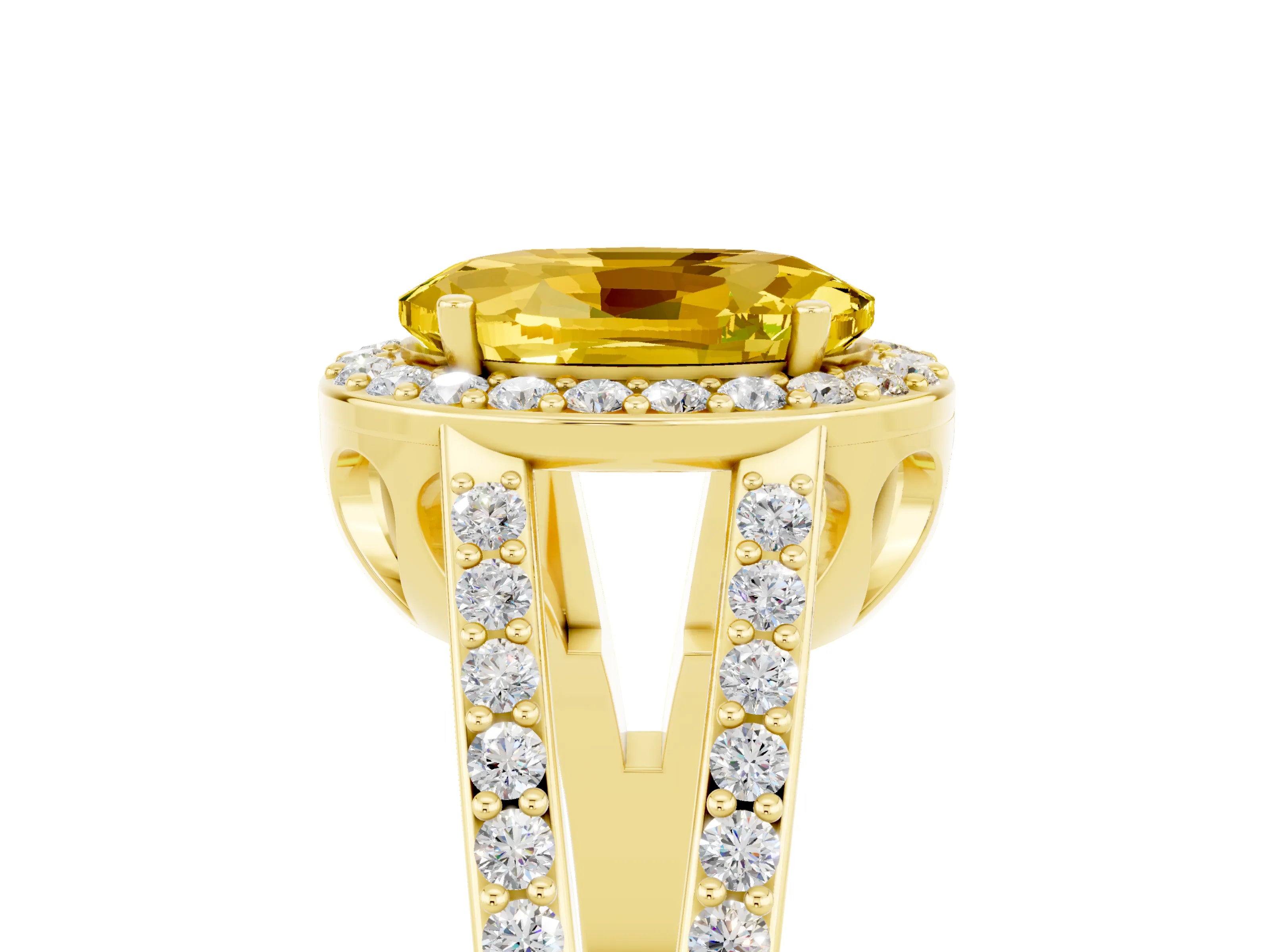 Yellow gold Oval Cut Yellow Sapphire Halo Ring with Split Shank U-Prong Band and Four-Prong Setting_5