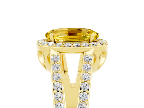 Yellow gold Oval Cut Yellow Sapphire Halo Ring with Split Shank U-Prong Band and Four-Prong Setting_5