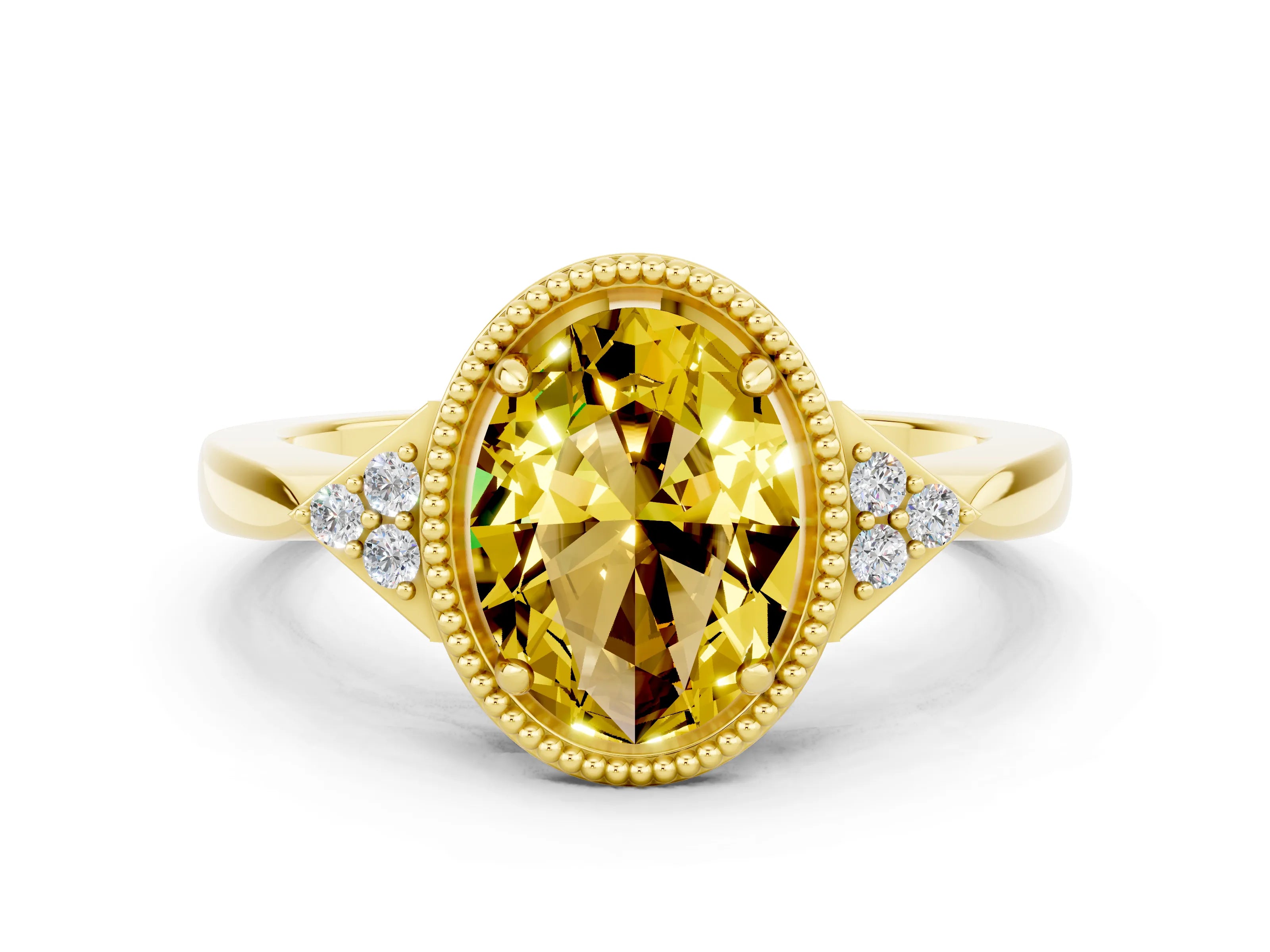 Yellow gold Oval Cut Yellow Sapphire Halo Ring with Tapered Band and Four-Prong Setting
