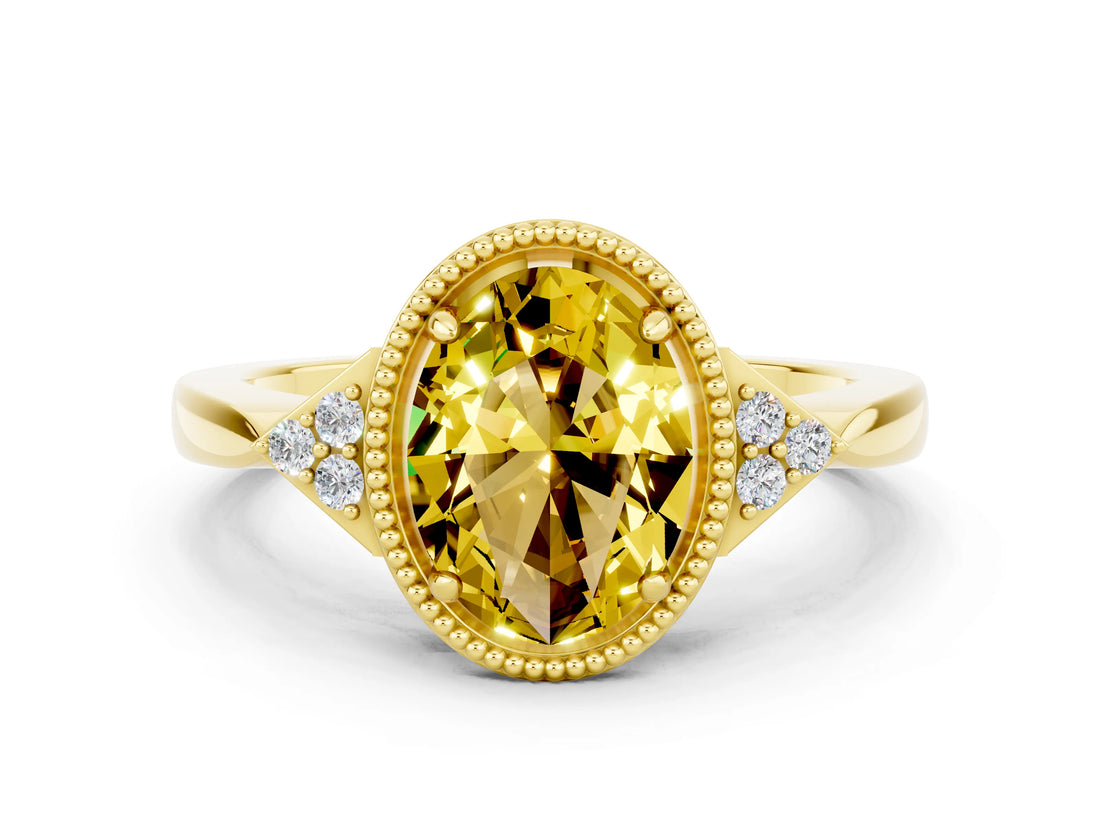 Yellow gold Oval Cut Yellow Sapphire Halo Ring with Tapered Band and Four-Prong Setting