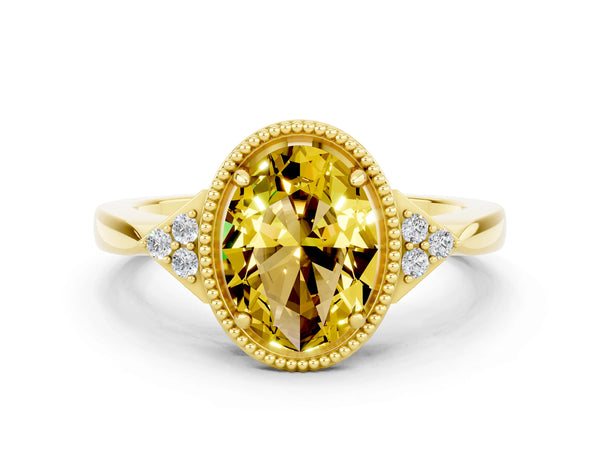 Yellow gold Oval Cut Yellow Sapphire Halo Ring with Tapered Band and Four-Prong Setting