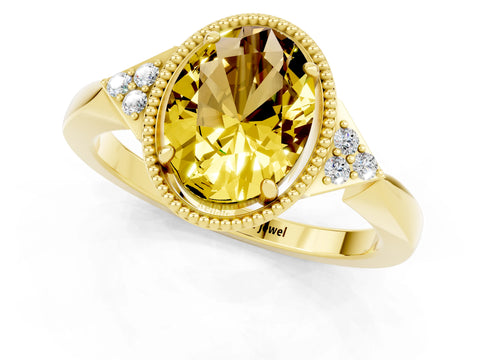 Yellow gold Oval Cut Yellow Sapphire Halo Ring with Tapered Band and Four-Prong Setting_1