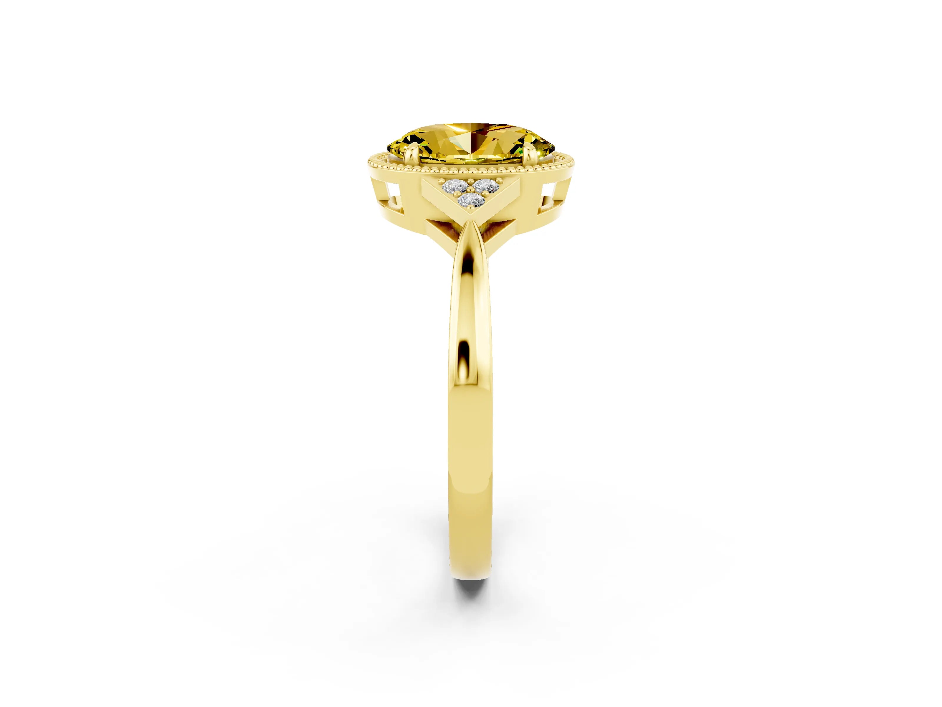 Yellow gold Oval Cut Yellow Sapphire Halo Ring with Tapered Band and Four-Prong Setting_2