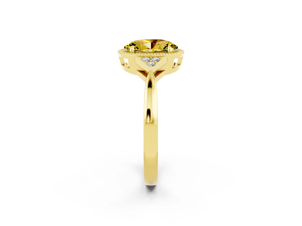 Yellow gold Oval Cut Yellow Sapphire Halo Ring with Tapered Band and Four-Prong Setting