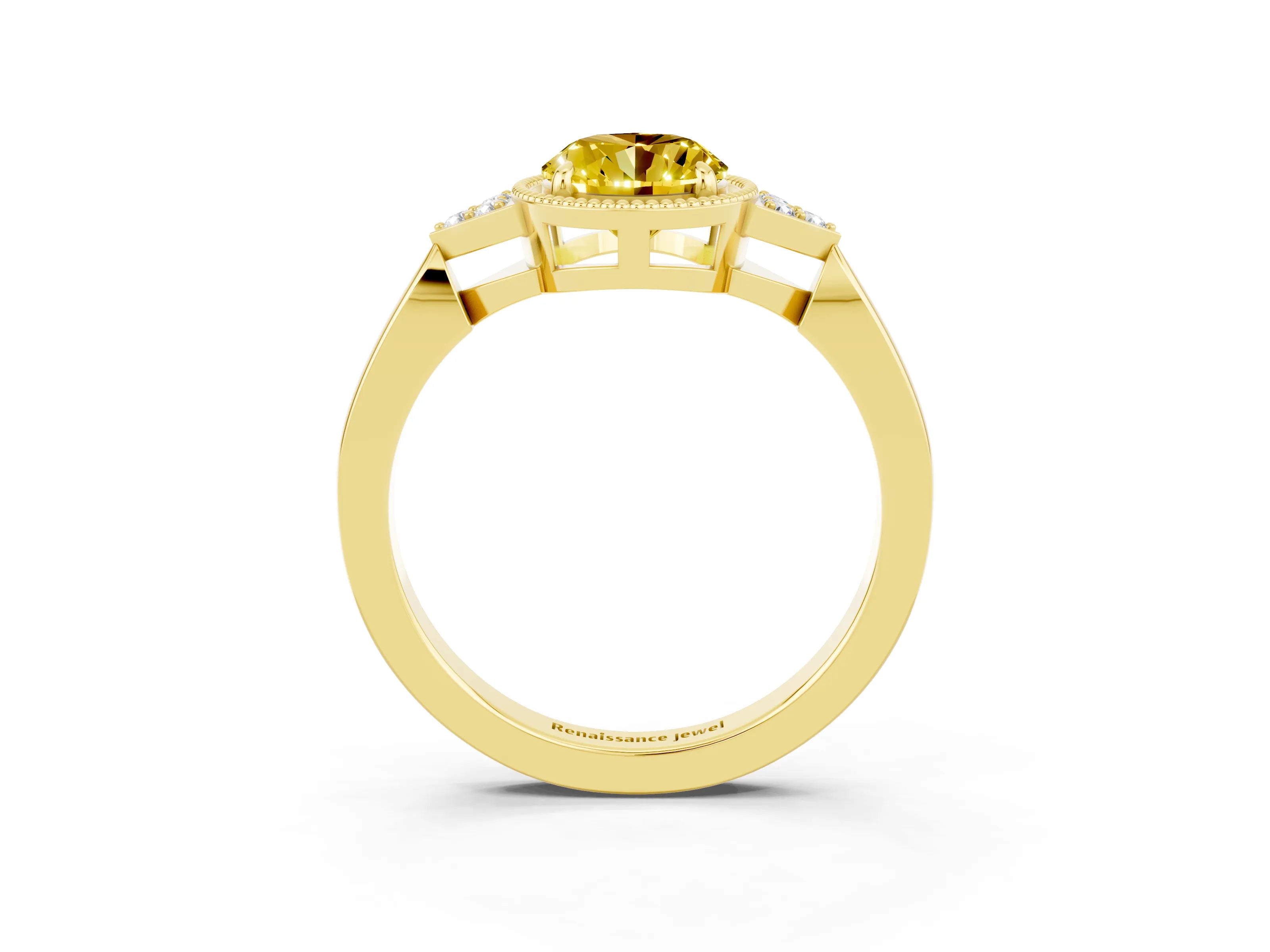 Yellow gold Oval Cut Yellow Sapphire Halo Ring with Tapered Band and Four-Prong Setting_3
