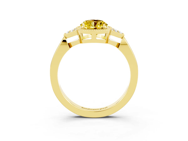 Yellow gold Oval Cut Yellow Sapphire Halo Ring with Tapered Band and Four-Prong Setting