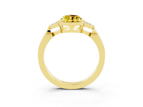 Yellow gold Oval Cut Yellow Sapphire Halo Ring with Tapered Band and Four-Prong Setting_3