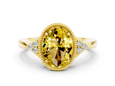 Yellow gold Oval Cut Yellow Sapphire Halo Ring with Tapered Band and Four-Prong Setting