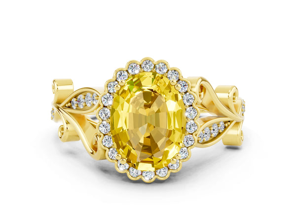 Yellow gold Oval Cut Yellow Sapphire Halo Ring with Vintage Split Shank and Four-Prong Setting