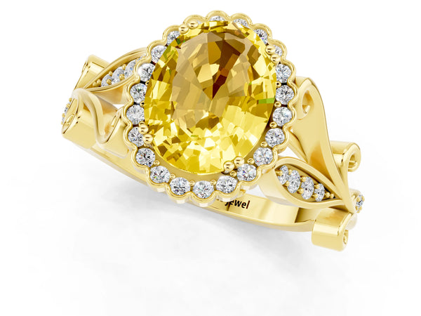 Yellow gold Oval Cut Yellow Sapphire Halo Ring with Vintage Split Shank and Four-Prong Setting
