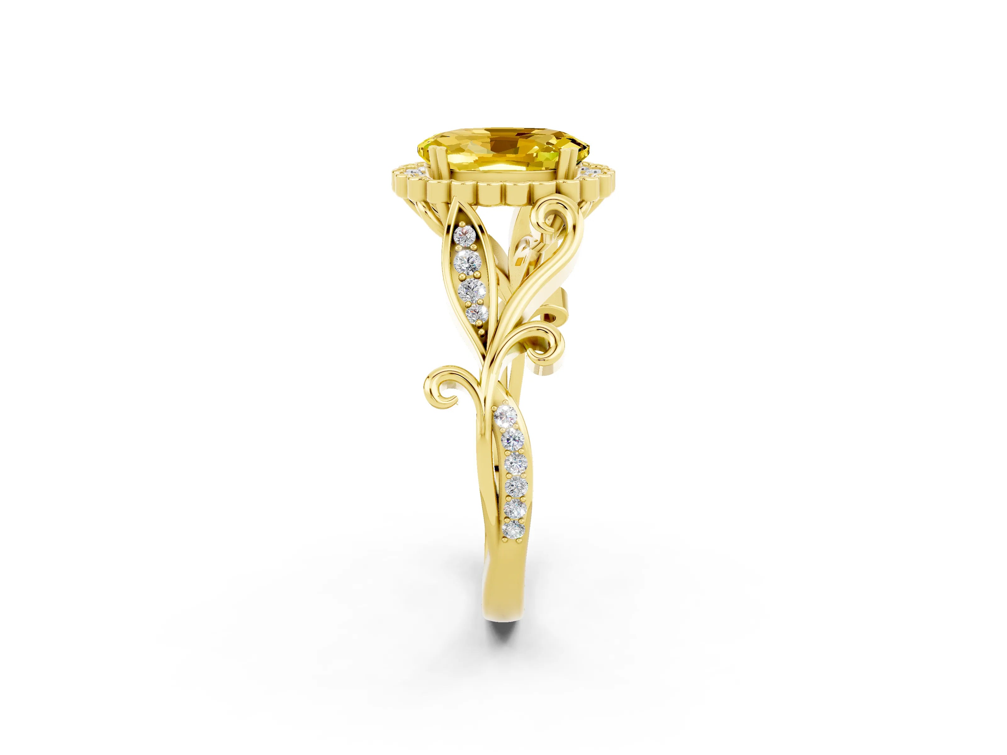 Yellow gold Oval Cut Yellow Sapphire Halo Ring with Vintage Split Shank and Four-Prong Setting_2