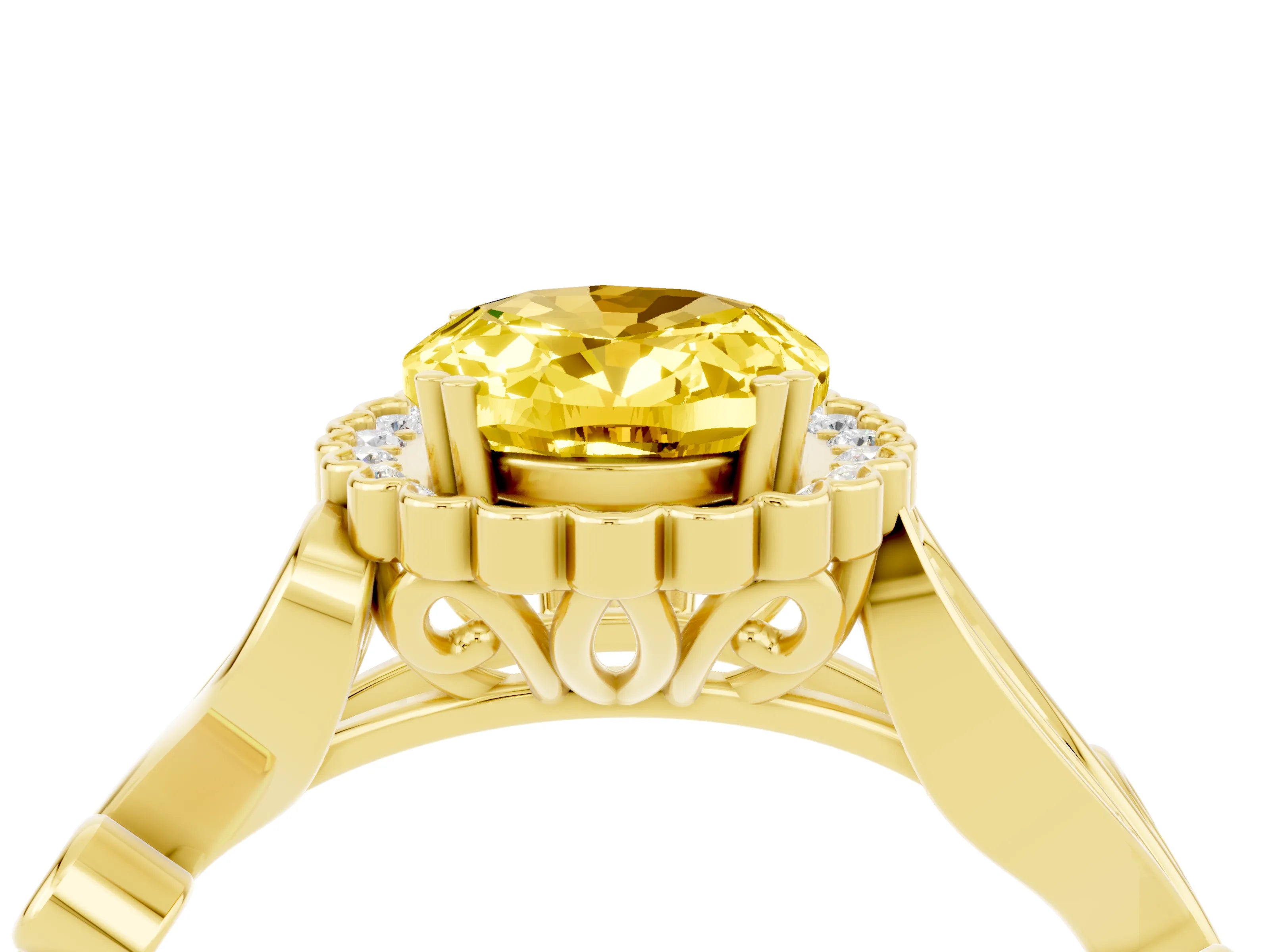 Yellow gold Oval Cut Yellow Sapphire Halo Ring with Vintage Split Shank and Four-Prong Setting_4