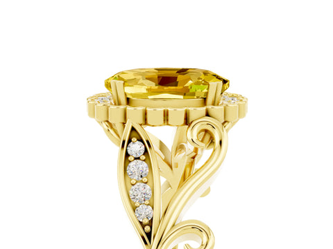 Yellow gold Oval Cut Yellow Sapphire Halo Ring with Vintage Split Shank and Four-Prong Setting_5