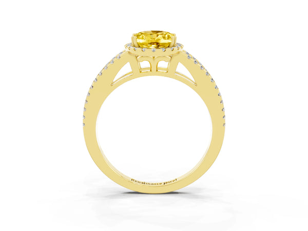 Yellow gold Oval Cut Yellow Sapphire Halo Split Shank Engagement Ring