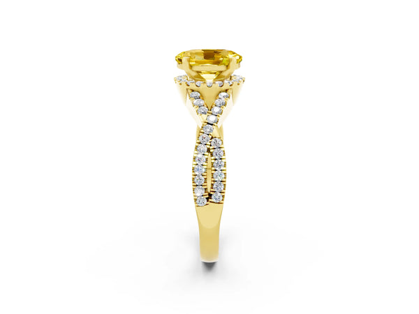 Yellow gold Oval Cut Yellow Sapphire  Halo Twist Band Solitaire Prong Setting Ring