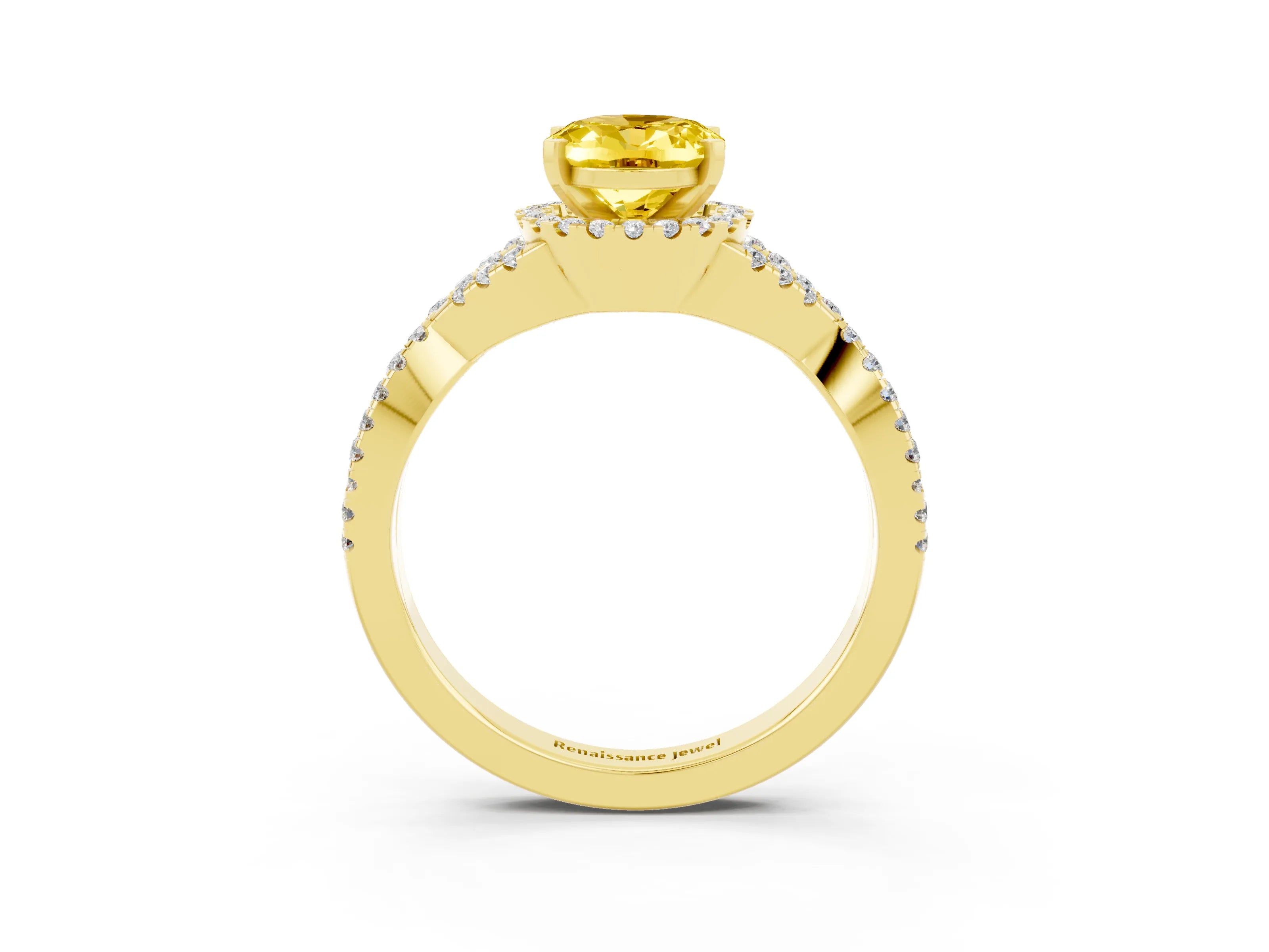 Yellow gold Oval Cut Yellow Sapphire Halo Twist Band Solitaire Prong Setting Ring_27