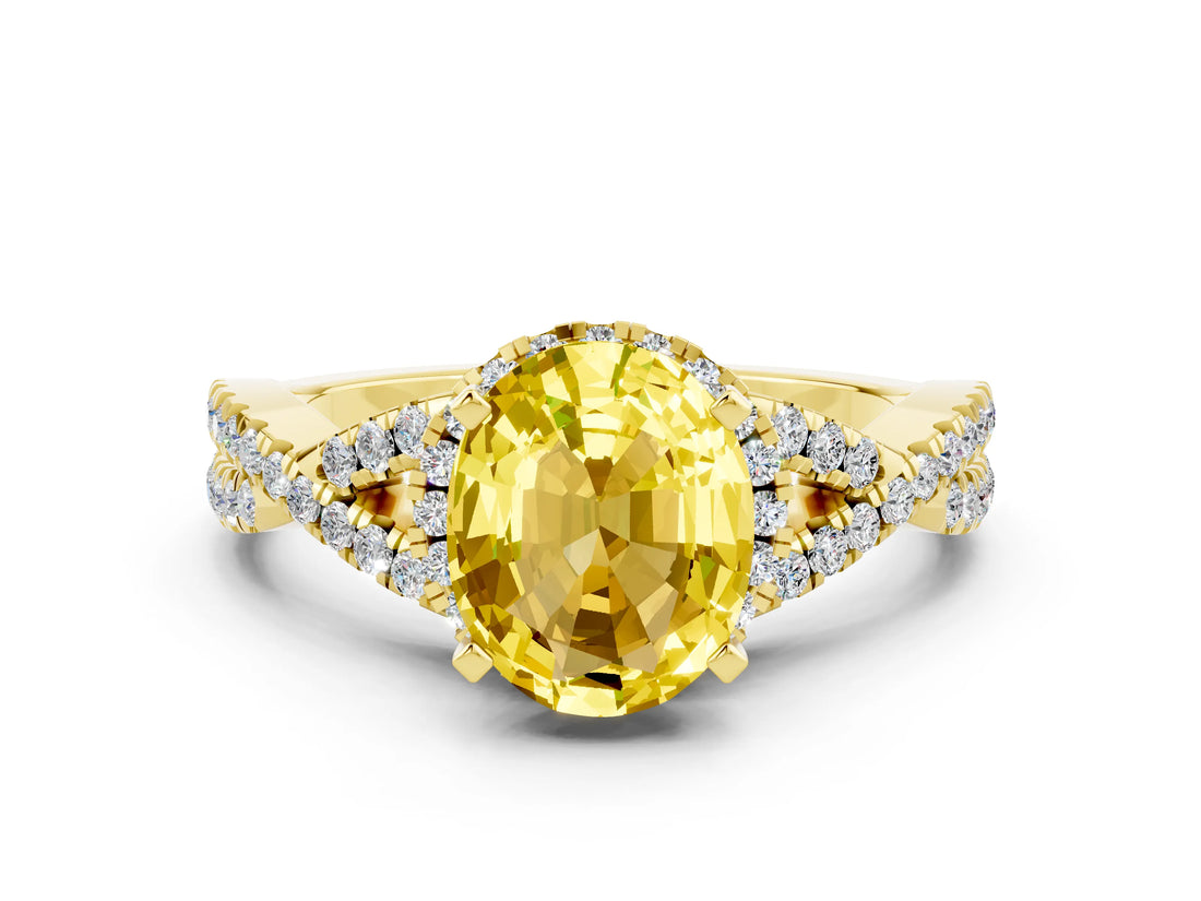 Yellow gold Oval Cut Yellow Sapphire  Halo Twist Band Solitaire Prong Setting Ring_36
