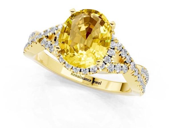 Yellow gold Oval Cut Yellow Sapphire  Halo Twist Band Solitaire Prong Setting Ring