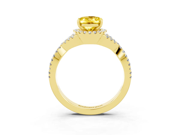 Yellow gold Oval Cut Yellow Sapphire  Halo Twist Band Solitaire Prong Setting Ring