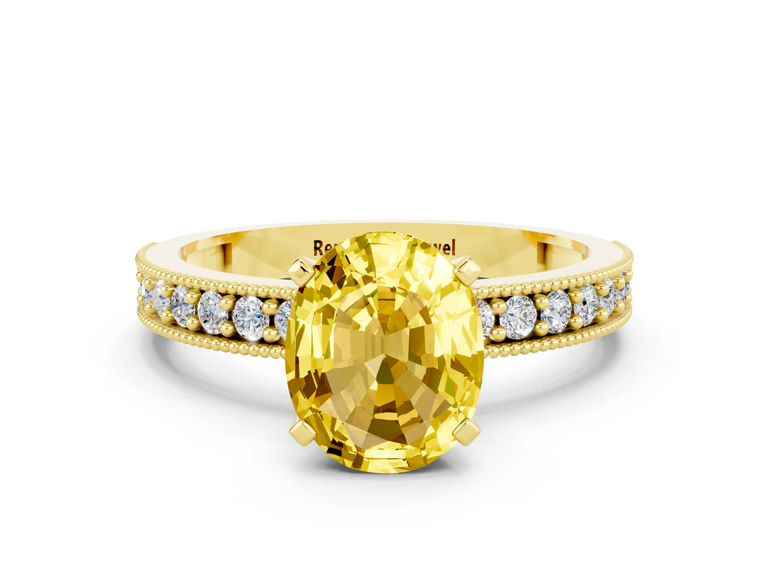Yellow gold Oval Cut Yellow Sapphire Milgrain Pavé Engagement Ring with Four-Prong Setting_48