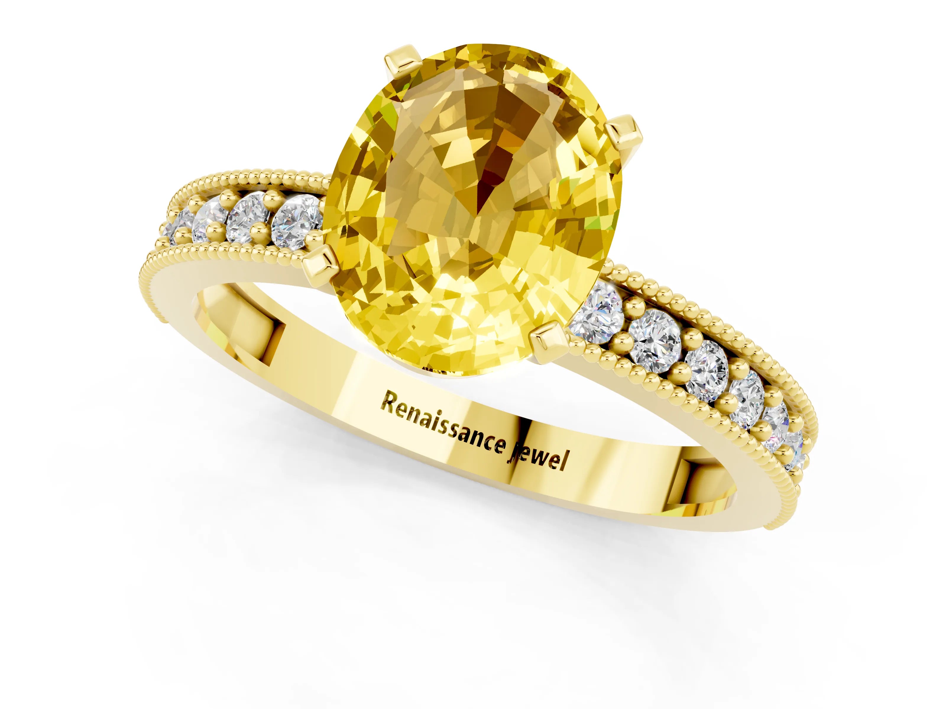 Yellow gold Oval Cut Yellow Sapphire Milgrain Pavé Engagement Ring with Four-Prong Setting_49