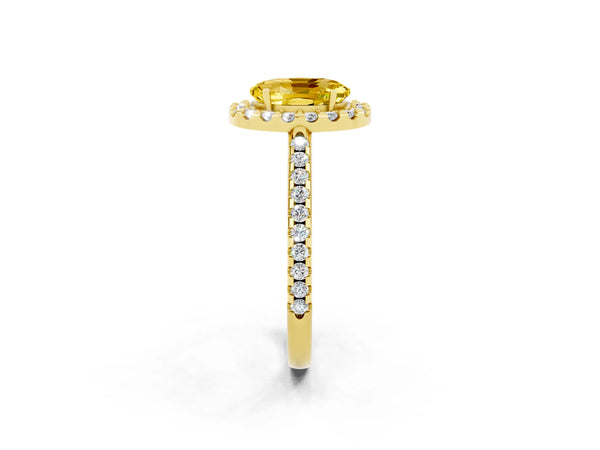 Yellow gold Oval Cut Yellow Sapphire Pavé Halo Ring with Four-Prong Setting