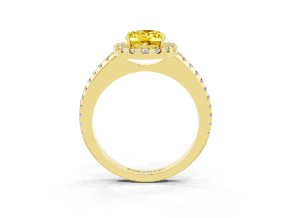 Yellow gold Oval Cut Yellow Sapphire Pavé Halo Ring with Four-Prong Setting