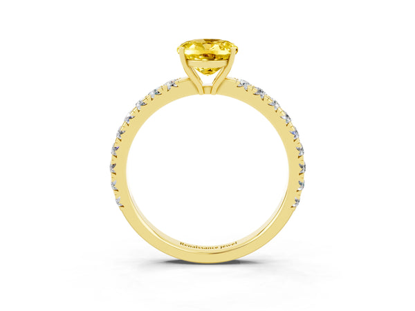 Yellow gold Oval Cut Yellow Sapphire Pavé Solitaire Engagement Ring with Four-Prong Setting