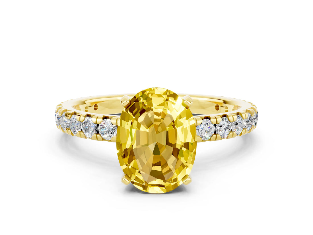 Yellow gold Oval Cut Yellow Sapphire Pavé Solitaire Ring with Round Band and Prong Setting_12