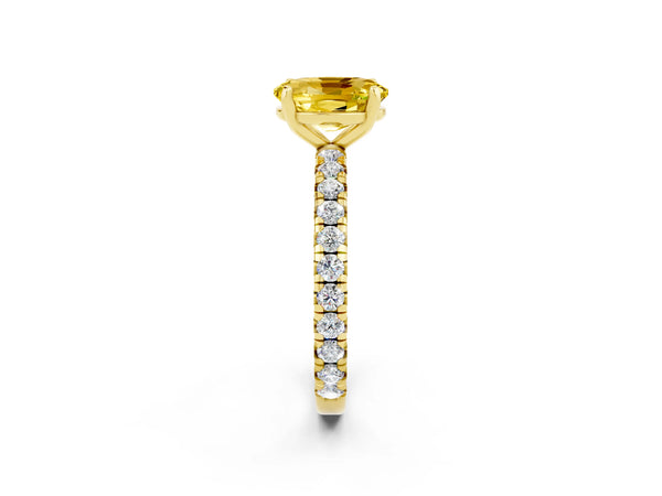 Yellow gold Oval Cut Yellow Sapphire Pavé Solitaire Ring with Round Band and Prong Setting